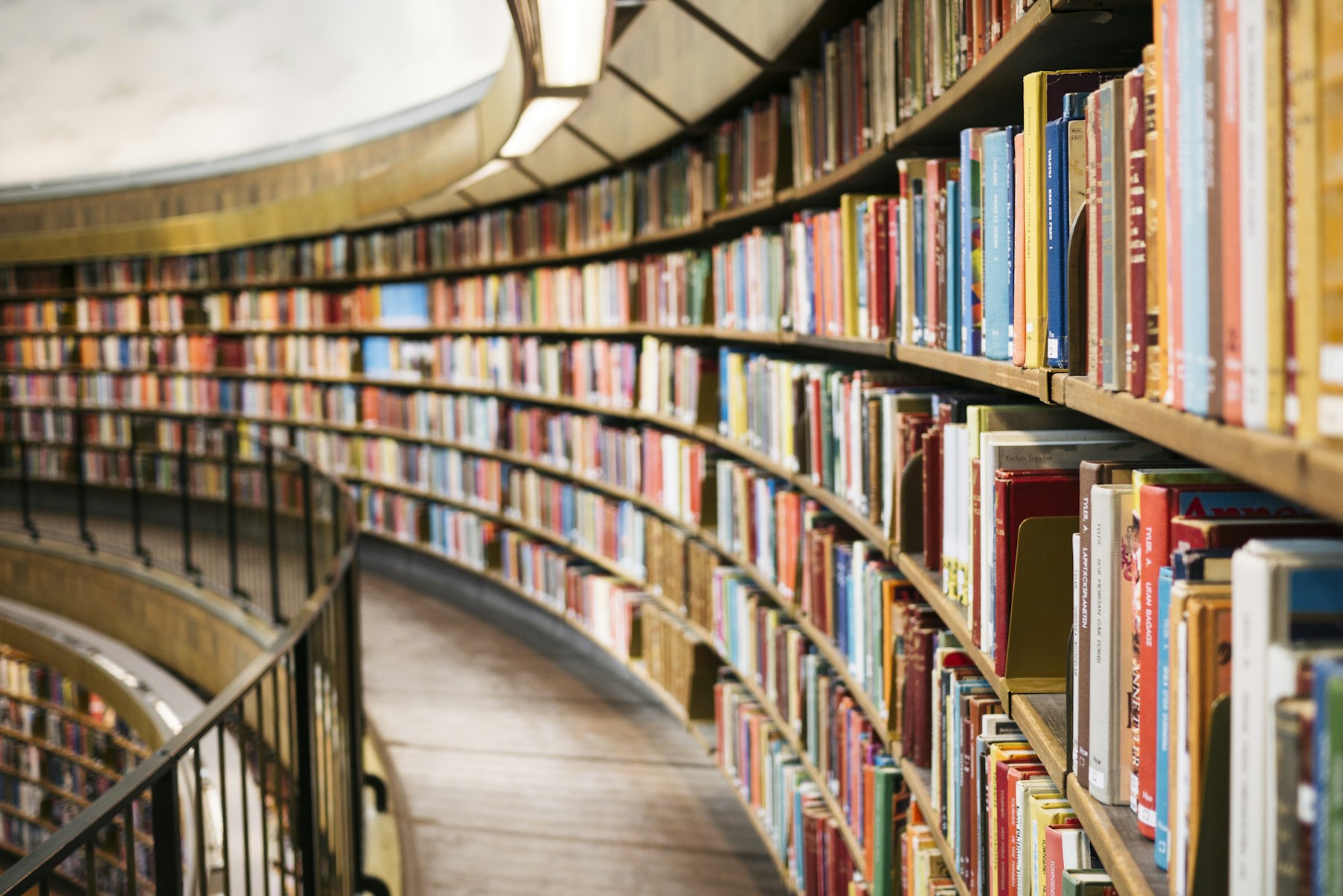 Rows of books arranged on bookstore shelves.